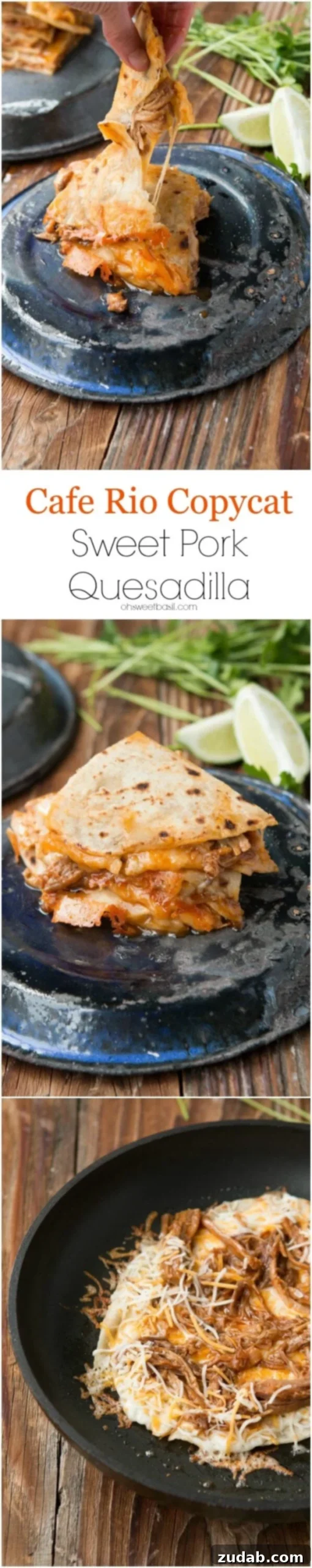 Cafe Rio Style Sweet Pork Quesadilla 3 Serve your Cafe Rio Copycat Sweet Pork Quesadillas with fresh toppings for a complete and satisfying meal.