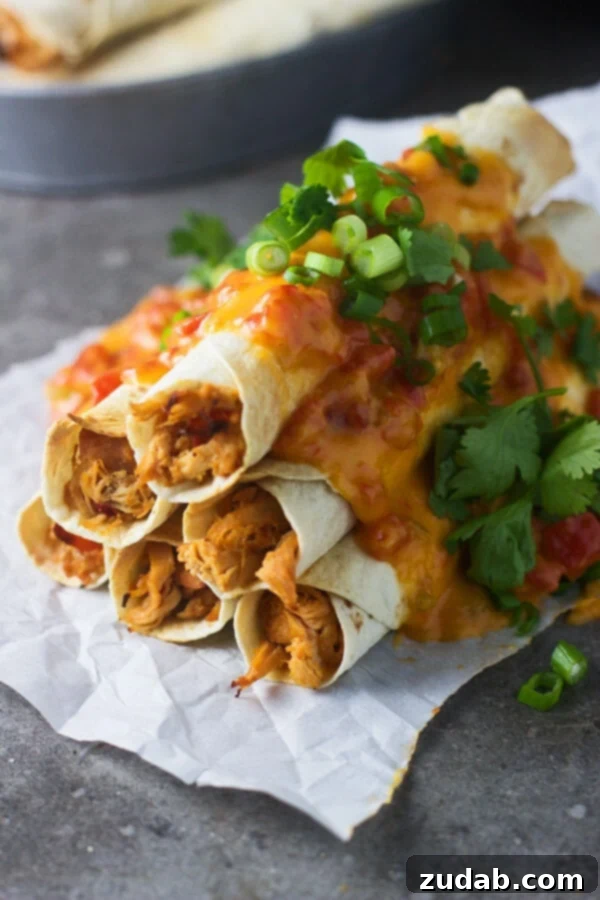 Cheesy Spicy Chicken Flautas Platter of Cheesy Spicy Chicken Flautas smothered in rich cheese sauce, garnished with fresh cilantro