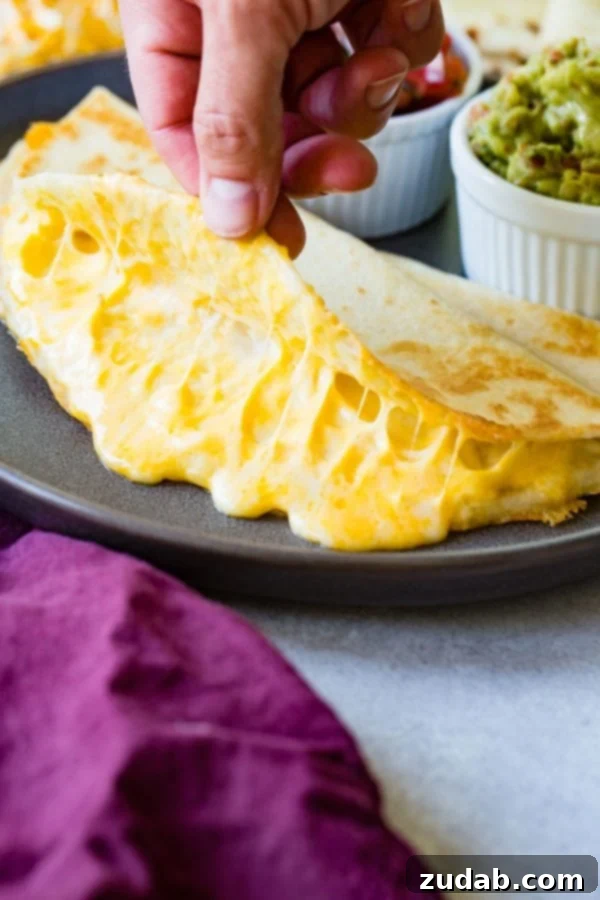 Secrets to the Best Quesadilla A close-up shot of a cheese quesadilla on a plate with one side gently pulled up, revealing the irresistible, melted gooey cheese inside.