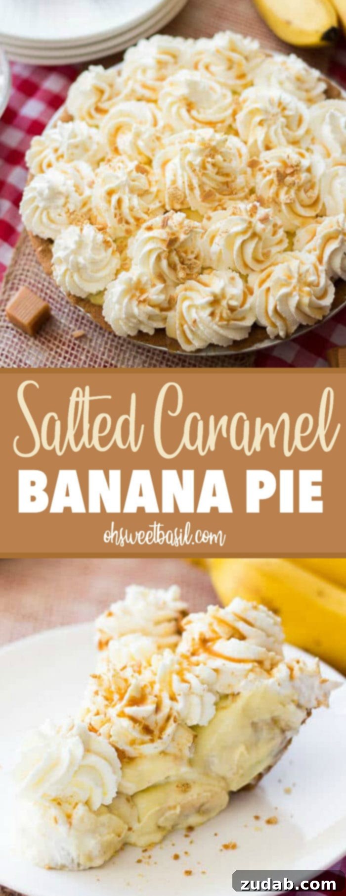 Salted Caramel Banana Delight 9 A stunning shot of a finished Salted Caramel Banana Pie, topped with whipped cream and caramel drizzle.