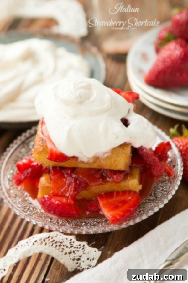 Delicious Italian Strawberry Shortcake topped with fresh mascarpone whipped cream Delicious Italian Strawberry Shortcake topped with fresh mascarpone whipped cream