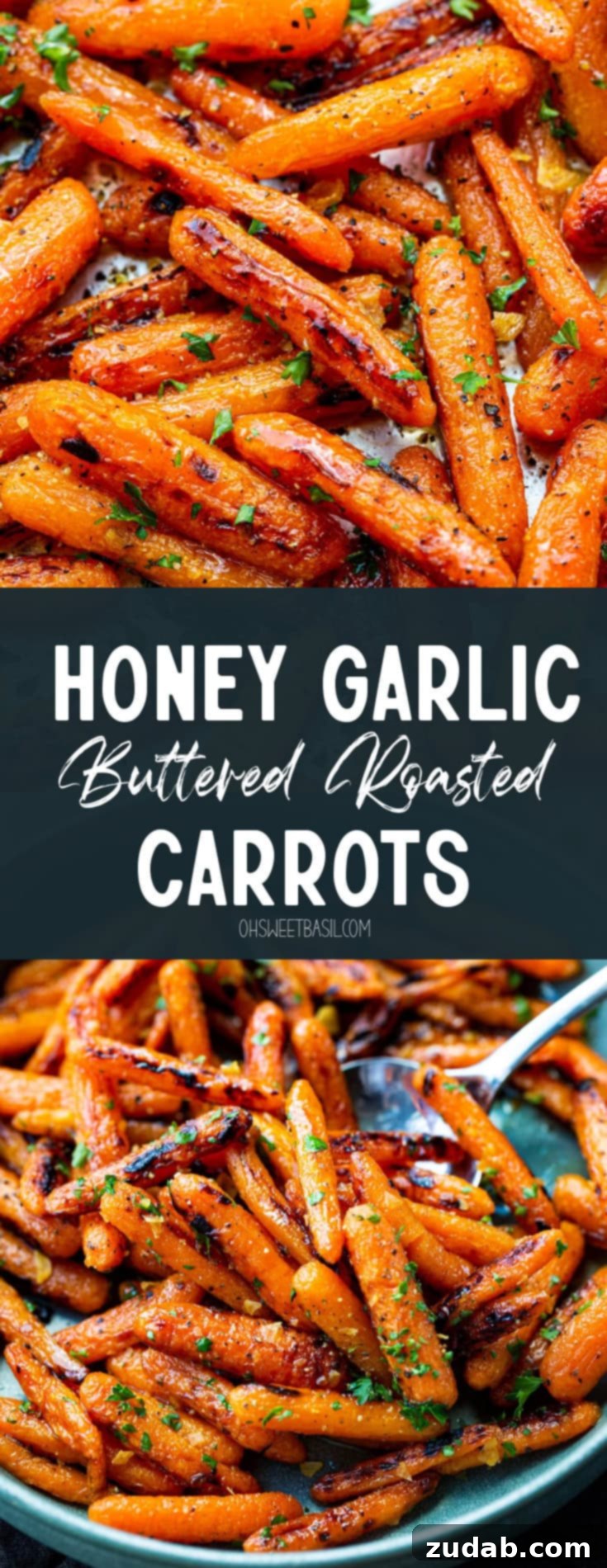 Golden Honey Garlic Roasted Carrots 9 A high-angle shot of golden roasted honey glazed baby carrots, artfully arranged and topped with fresh chopped parsley and a hint of minced garlic.