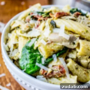 Sunny Pesto Chicken Pasta with Artichokes 2 Pesto Chicken Pasta with Sun-Dried Tomatoes and Artichokes