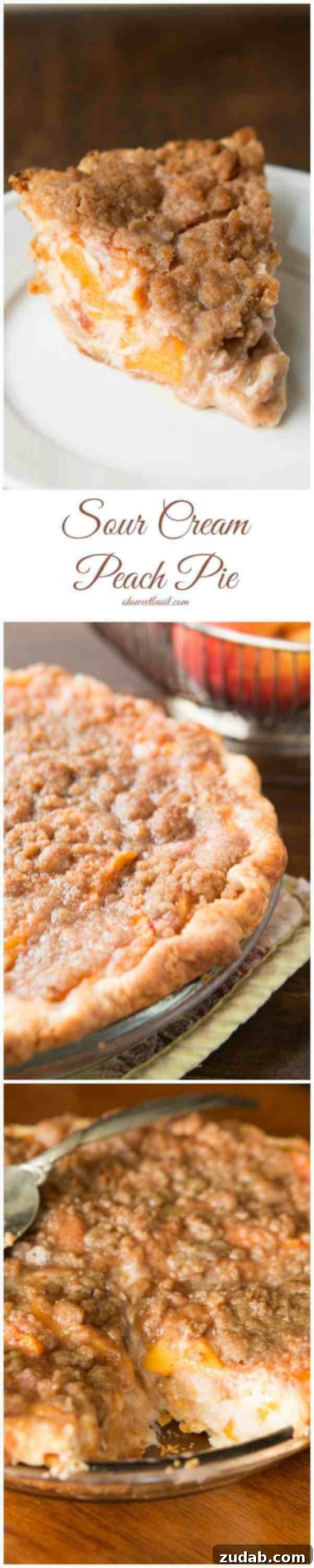 Creamy Tangy Peach Pie 3 A stunning shot of a golden-brown sour cream peach pie, emphasizing its inviting crust and luscious filling, ready to be sliced and served.