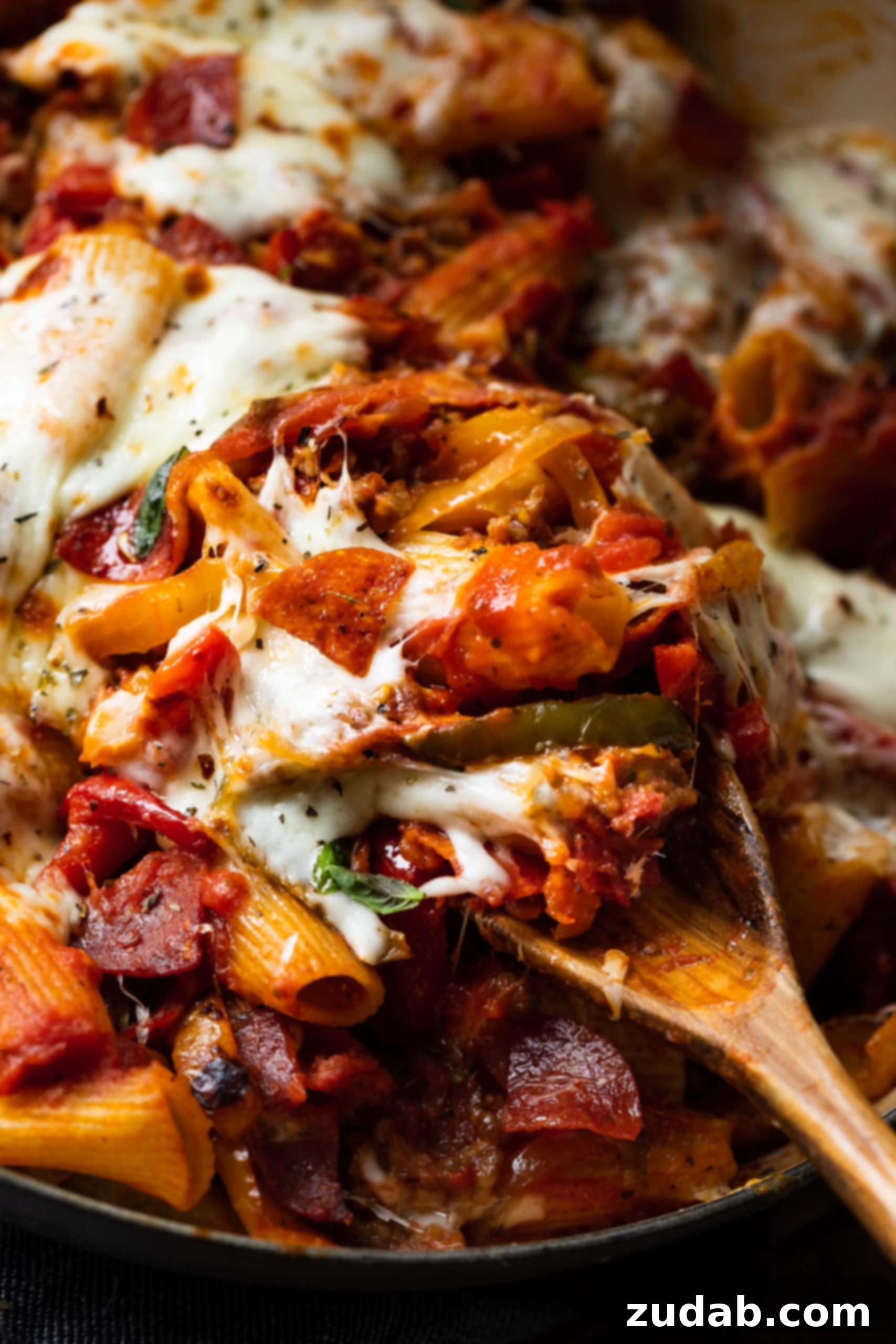 Ultimate Italian Sausage and Peppers Rigatoni A wooden spoon lifting a delectable scoop of ultimate Italian sausage and peppers rigatoni, showcasing the rich sauce, colorful vegetables, and melted cheese from a large pot.