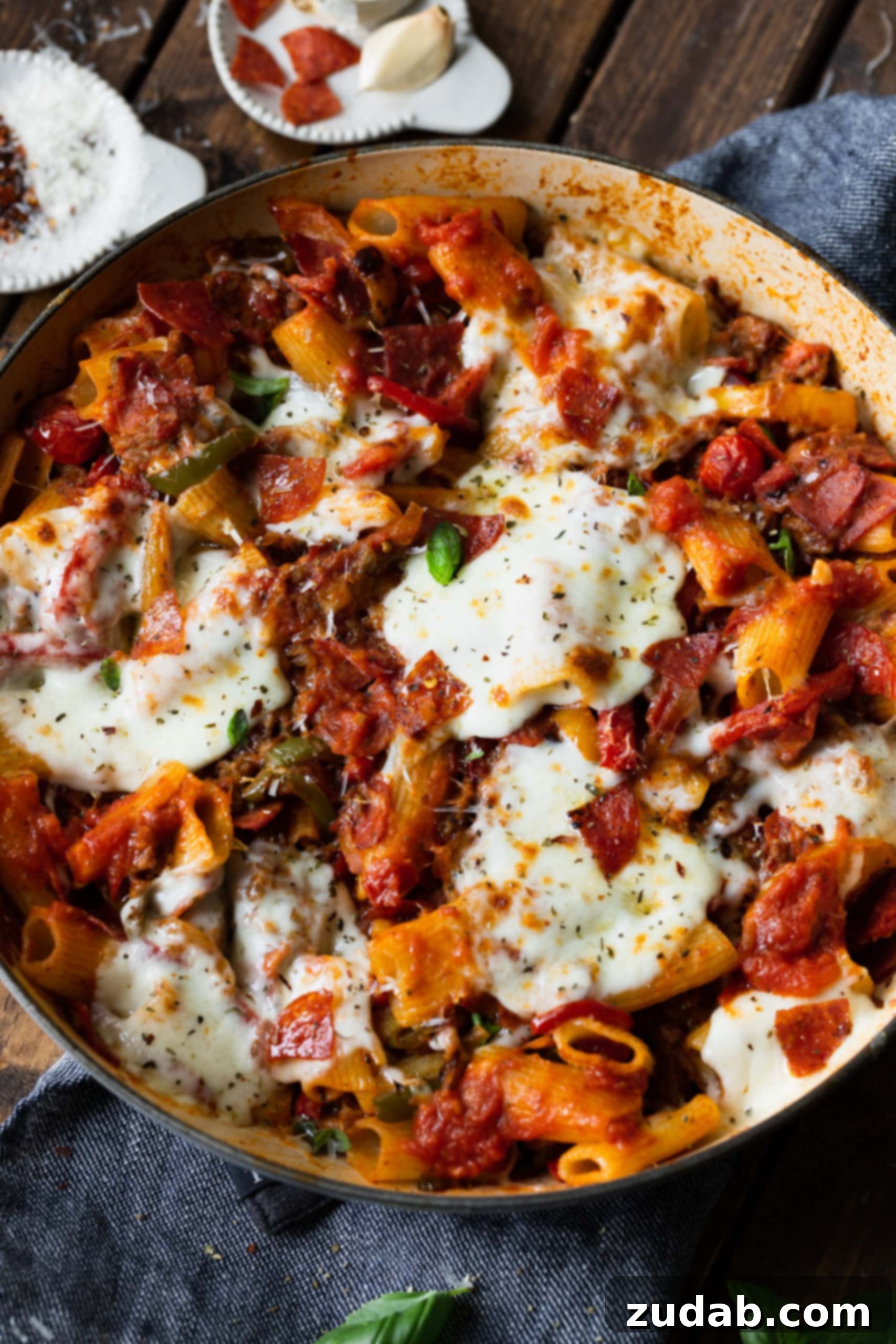 Ultimate Italian Sausage and Peppers Rigatoni A large dutch oven brimming with ultimate Italian sausage and peppers rigatoni, beautifully topped with perfectly melted mozzarella cheese and garnished with vibrant fresh basil, ready to serve.