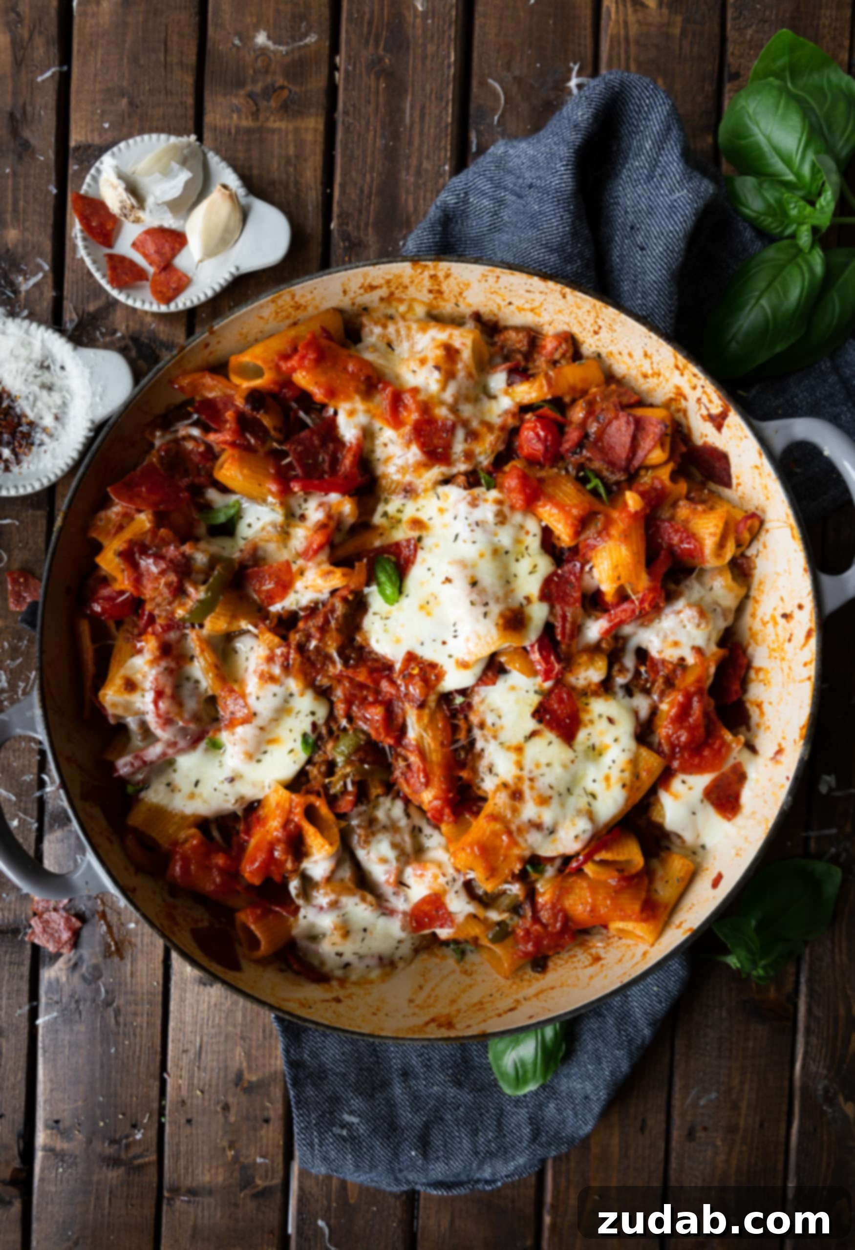 Ultimate Italian Sausage and Peppers Rigatoni A grand shot of a large dutch oven showcasing the ultimate Italian sausage and peppers rigatoni pasta, generously topped with a rich layer of melted mozzarella cheese and fresh chopped basil.