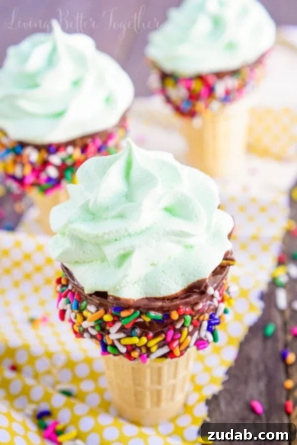 Colorful Meringue Ice Cream Cones arranged on a tray, a perfect mess-free summer dessert for parties.