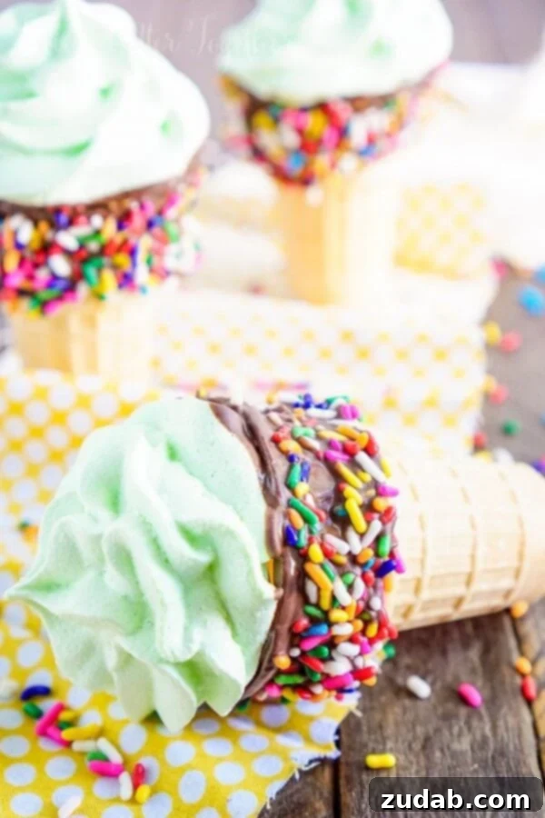 Close-up of three Meringue Ice Cream Cones, showcasing vibrant colors and sprinkles, a joyful dessert idea.