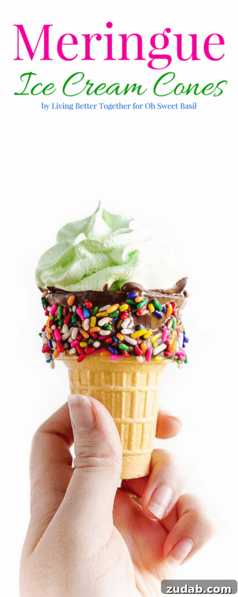 A large infographic featuring Meringue Ice Cream Cones and text describing their benefits as a summer dessert.