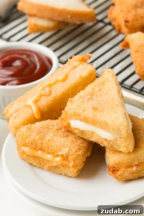Golden-brown Cheese Frenchees, a deep-fried grilled cheese sandwich, perfect for parties and Super Bowl gatherings.