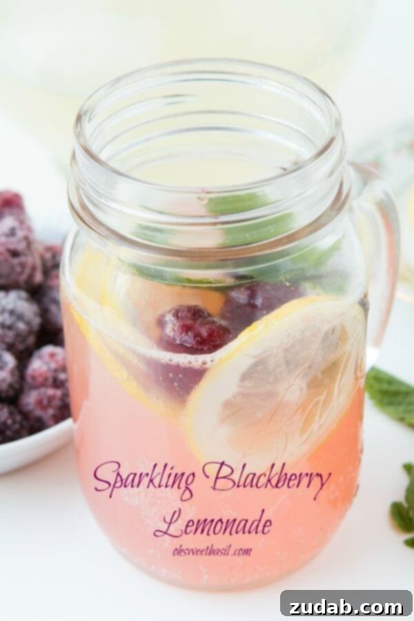 Sparkling Blackberry Lemonade without gobs of sugar! ohsweetbasil.com Refreshing Sparkling Blackberry Lemonade made with natural sweeteners for a guilt-free treat.