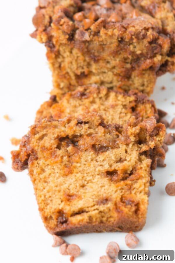 Cooling Pumpkin Bread Slices Warm slices of cinnamon chip pumpkin bread arranged on a cooling rack, steam gently rising.
