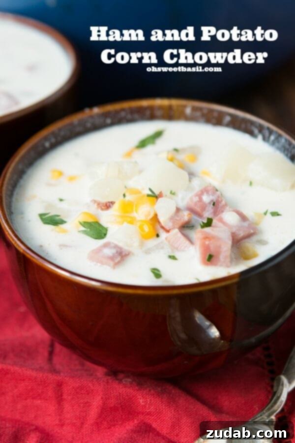 Ham and Potato Corn Chowder for an easy weeknight meal ohsweetbasil.com Creamy Ham and Potato Corn Chowder with fresh herbs