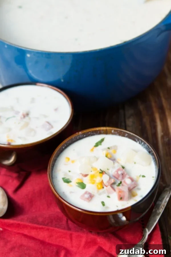 Ham and Potato Corn Chowder for an easy weeknight meal ohsweetbasil.com Delicious and Easy Ham and Potato Corn Chowder for winter nights