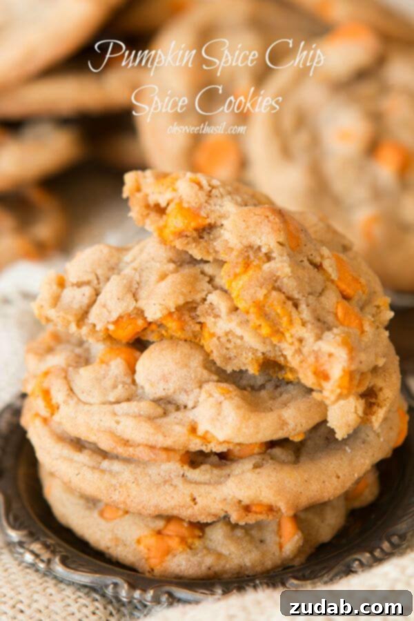 Pumpkin spice chips loaded into a soft and chewy spice cookie ohsweetbasil.com Halloween party Freshly baked pumpkin spice chips loaded into soft and chewy spice cookies, perfect for a Halloween party or fall treat. ohsweetbasil.com