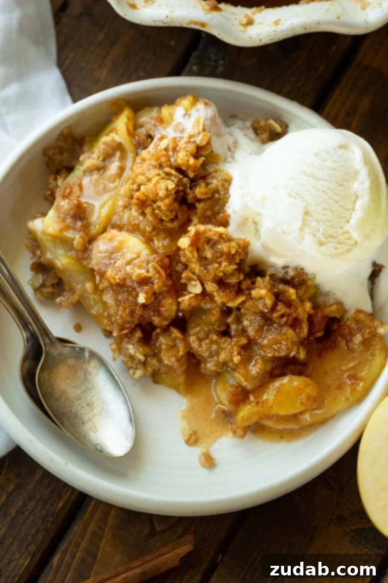 The Ultimate Homemade Apple Crisp 11 A stunning photo of a large serving of warm homemade apple crisp elegantly presented on a white dessert plate, adorned with a generous scoop of creamy vanilla ice cream, with a spoon resting invitingly beside it, inviting indulgence.