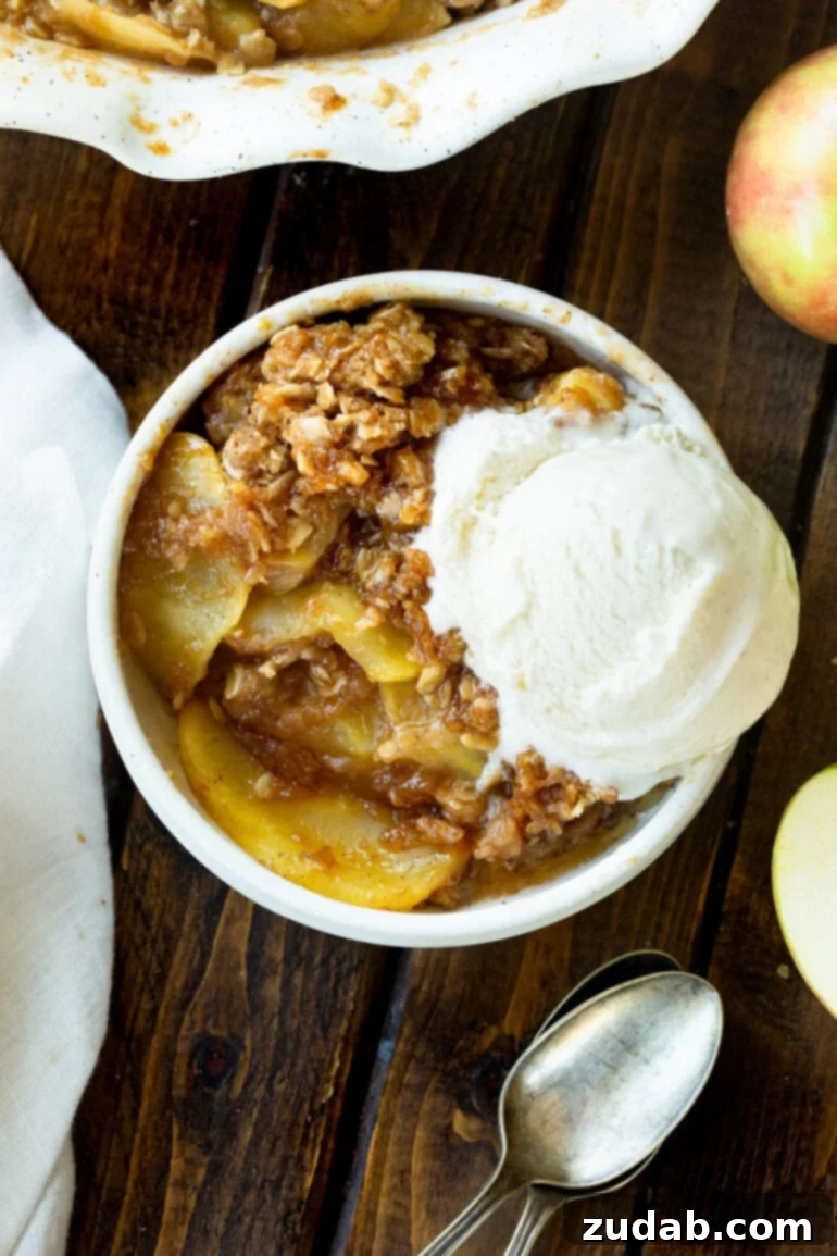 The Ultimate Homemade Apple Crisp 12 A delightful serving of homemade apple crisp nestled in a small bowl, artfully topped with a large, inviting scoop of creamy vanilla ice cream. This image captures the essence of a comforting and crowd-pleasing fall dessert.