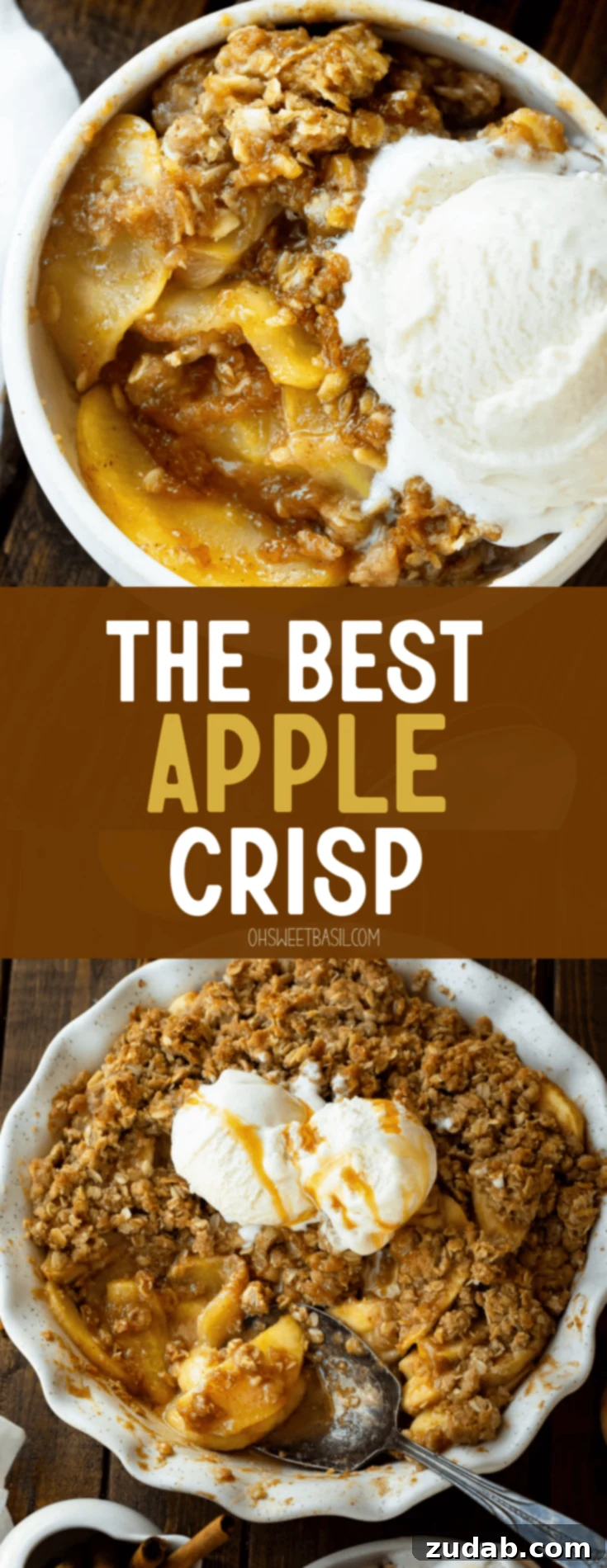 The Ultimate Homemade Apple Crisp 13 A large serving spoon poised to scoop out a portion of warm, homemade apple crisp, beautifully adorned with generous scoops of vanilla ice cream, capturing a mouth-watering moment of dessert indulgence.