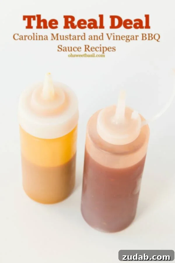 Homemade Carolina Mustard BBQ Sauce and Vinegar Sauce for authentic Southern BBQ flavor. Two jars of homemade Carolina Mustard BBQ Sauce and Vinegar Sauce, perfect for enhancing any barbecue feast.