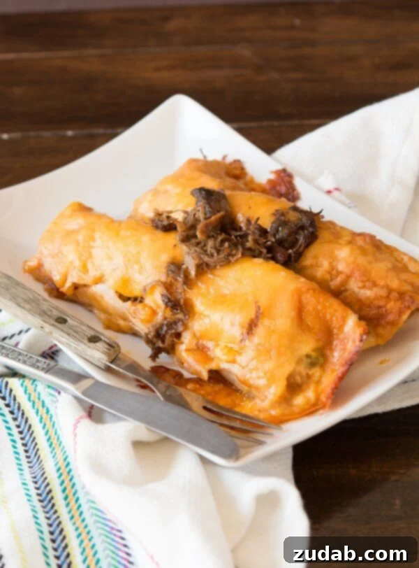 Leftovers can be amazing, especially when salsa con queso is involved! Shredded beef enchiladas are on the menu tonight! Baked Shredded Beef Enchiladas covered in melted cheese and salsa con queso, garnished and ready to serve.