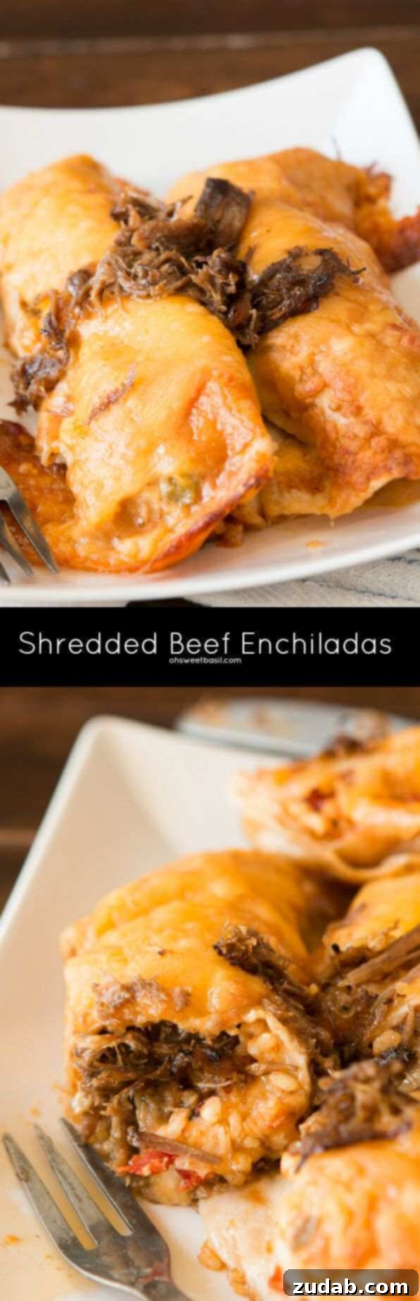Slow-Cooked Beef Enchiladas 2 shredded beef enchiladas ohsweetbasil.com
