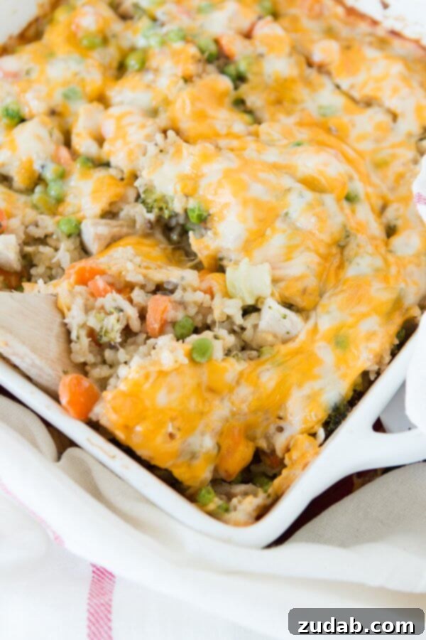 Hearty Cheesy Ranch Chicken and Rice Casserole Close-up of bubbling Cheesy Ranch Chicken and Rice Casserole, straight from the oven
