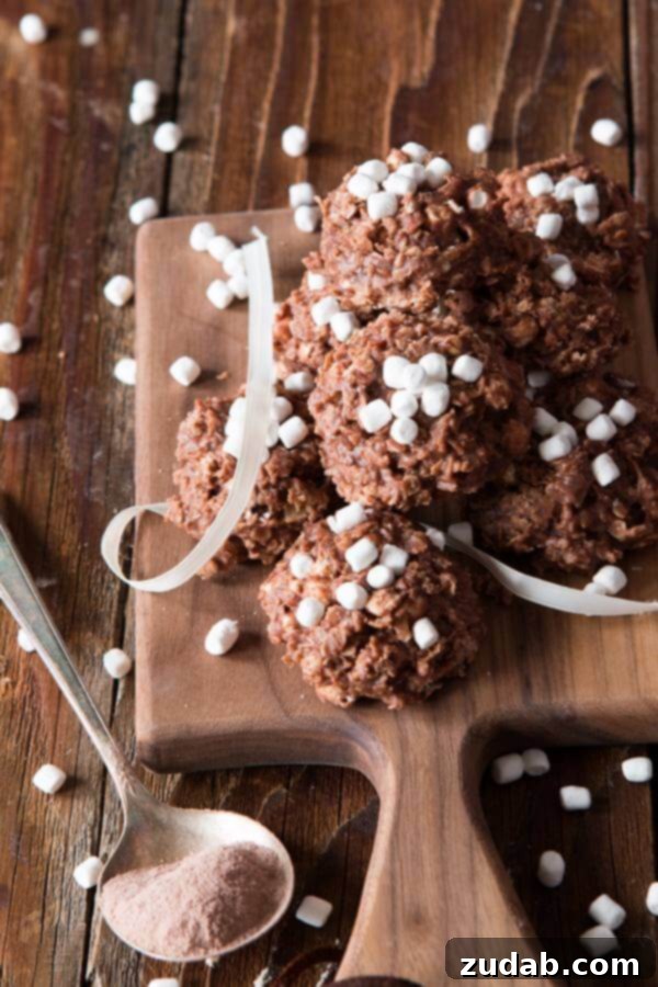 Freshly Scooped Hot Cocoa No Bake Cookies More hot cocoa no bake cookies arranged on a baking sheet