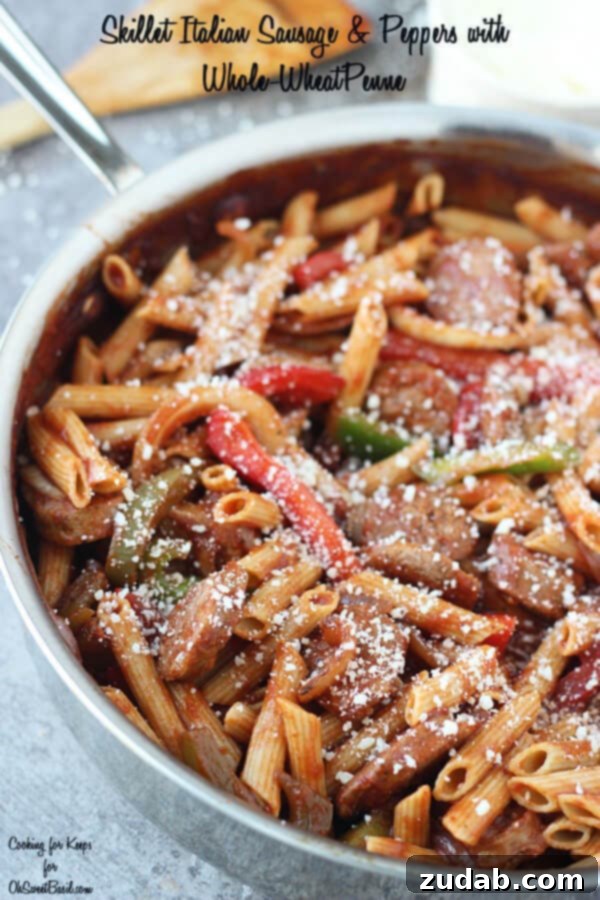 One-pan Skillet Sausage and Peppers with Penne for an easy, flavorful meal.