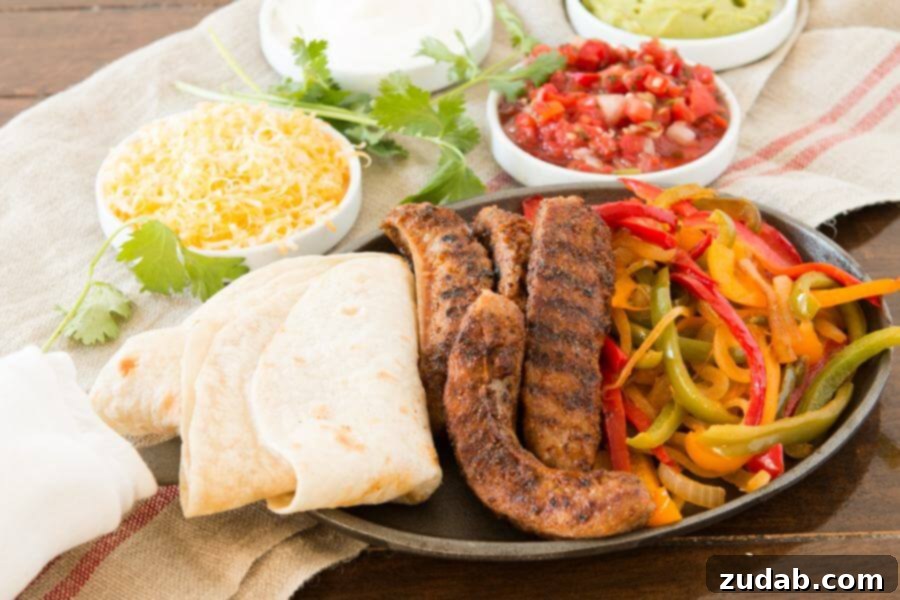 Full spread of Italian Sausage Fajitas with tortillas and various toppings like guacamole and cheese.