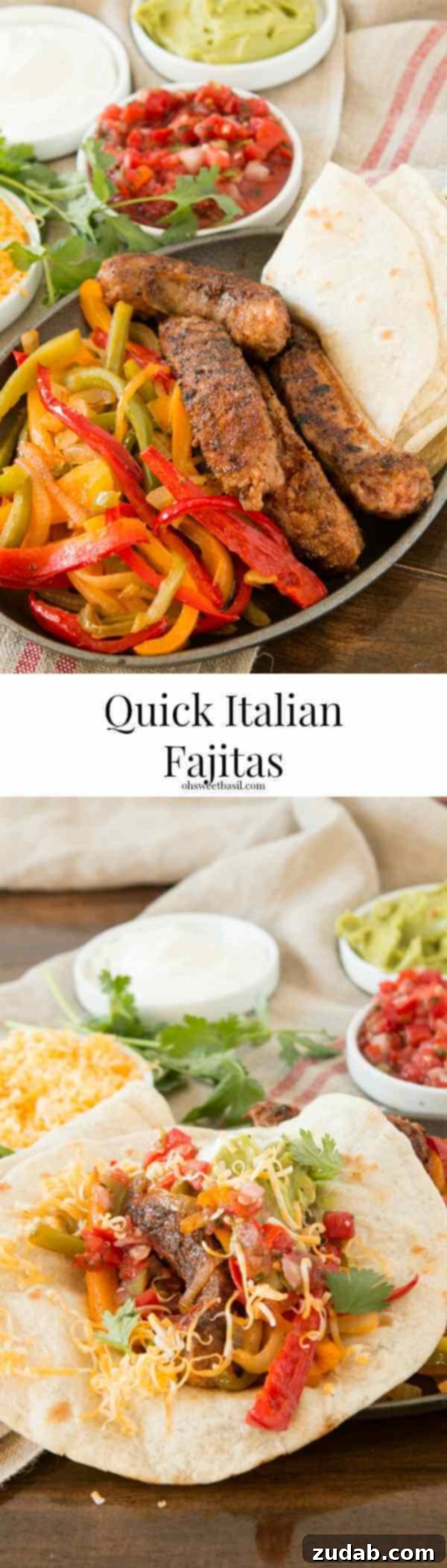 Italian Sausage Fajitas with vibrant peppers and onions on a plate, ready to be served.