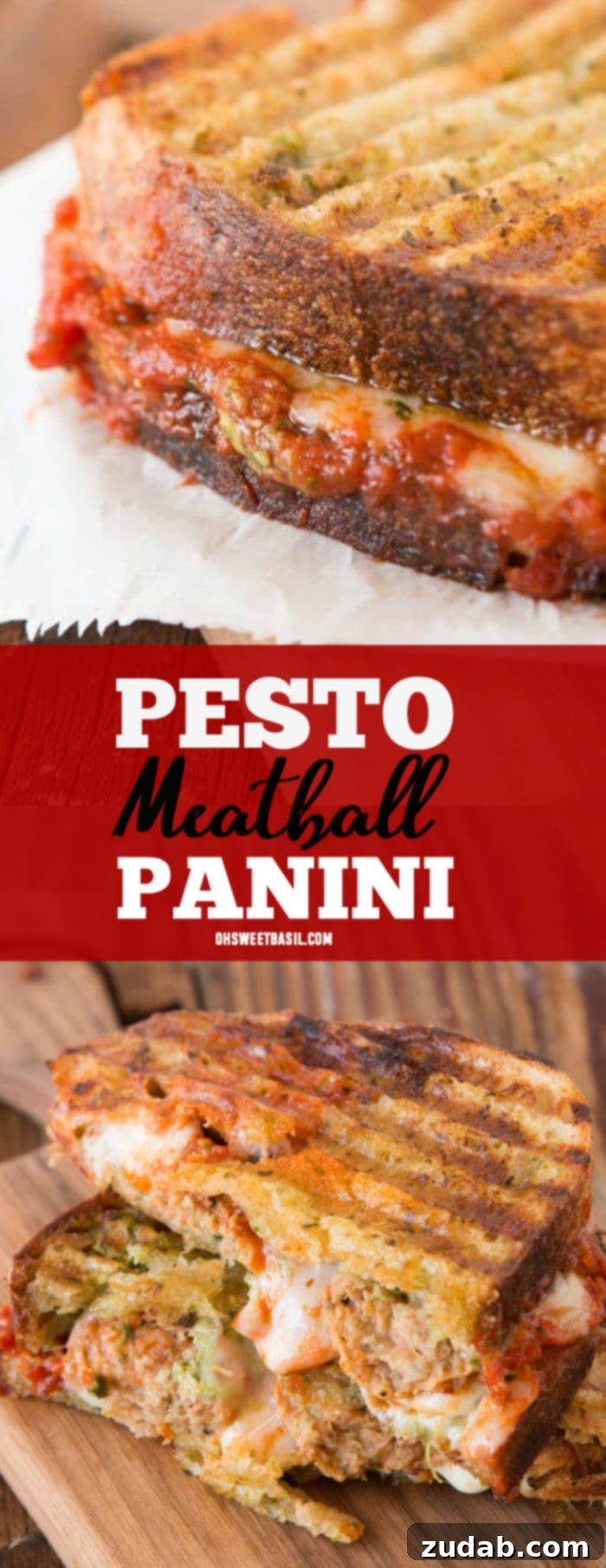 A pesto meatball panini, golden brown and perfectly grilled with melted mozzarella and juicy meatballs.