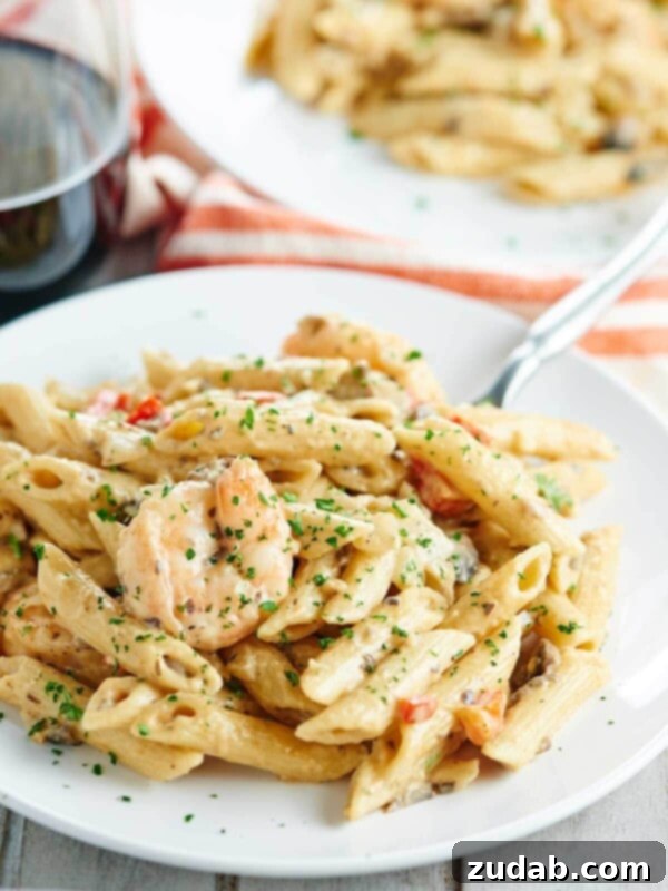 Zesty Sausage Rigatoni 3 Easy Shrimp Alfredo pasta dish with penne, vegetables, and creamy sauce, featured as a related recipe on Show Me the Yummy.
