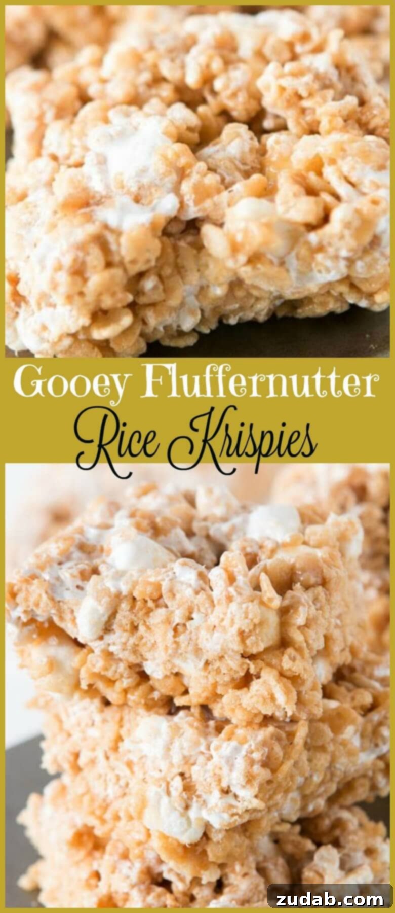 Gooey Fluffernutter Krispie Delights 4 An overhead shot of a batch of fresh Gooey Fluffernutter Rice Krispies, cut into perfect squares.