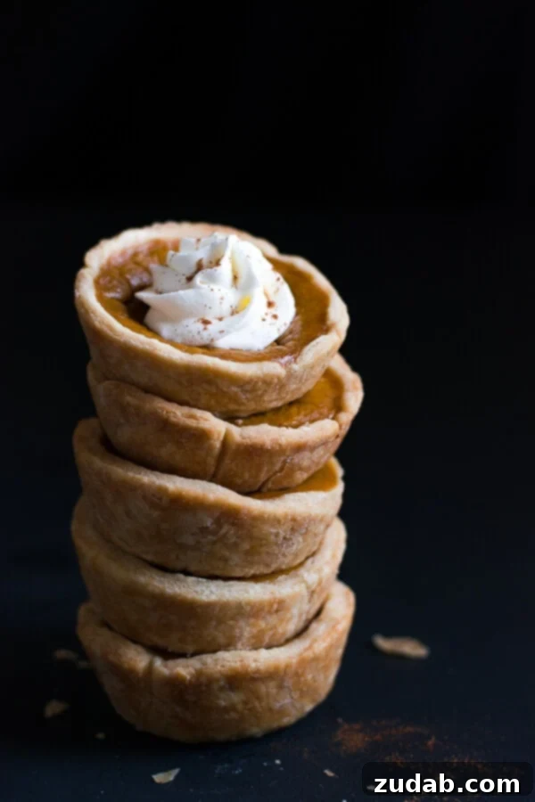 Mini Pumpkin Pies are cute little portions of the beloved Thanksgiving pumpkin pie. stack of five Mini Pumpkin Pies topped with whipped cream
