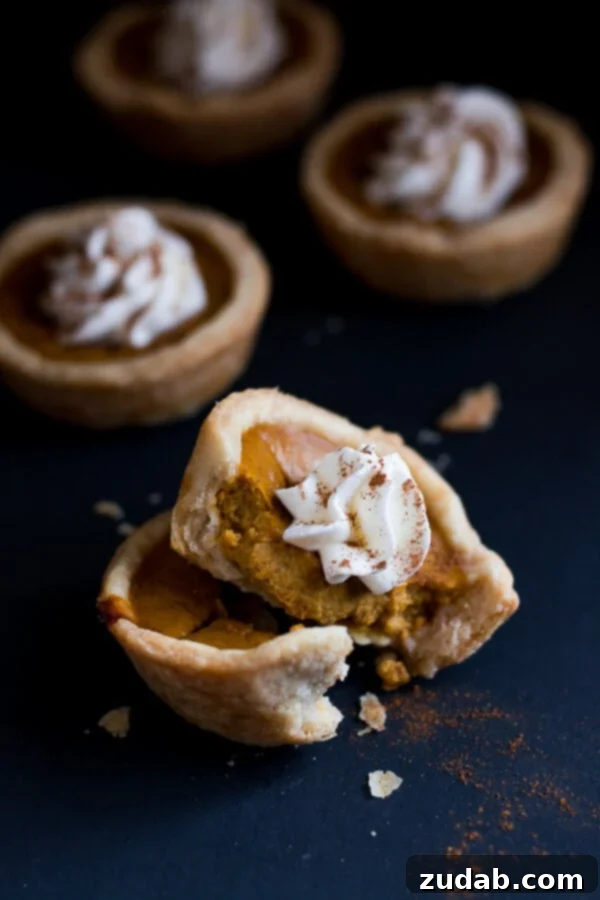 Mini Pumpkin Pies are cute little portions of the beloved Thanksgiving pumpkin pie. Mini Pumpkin Pie cut in half