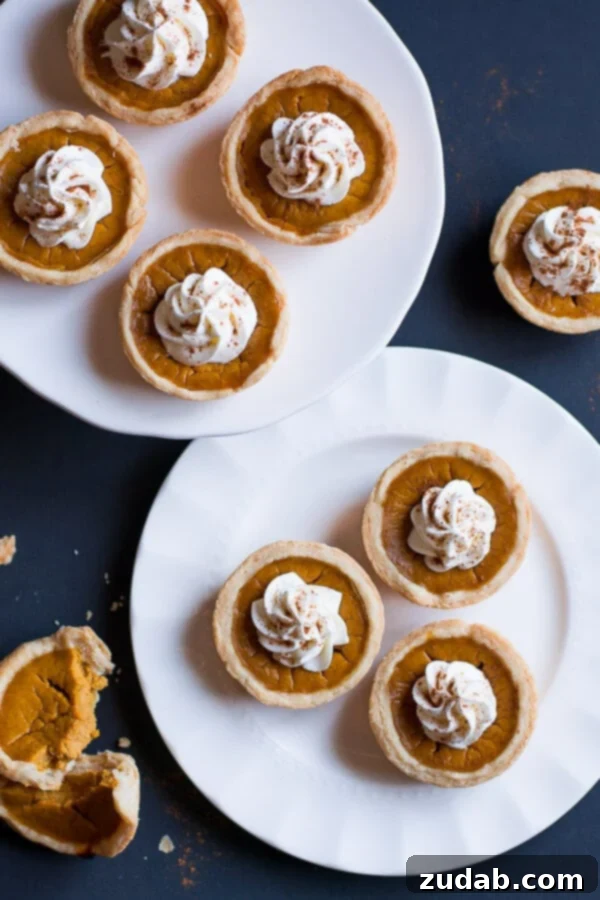 Mini Pumpkin Pies are cute little portions of the beloved Thanksgiving pumpkin pie. two white plates full of Mini Pumpkin Pies