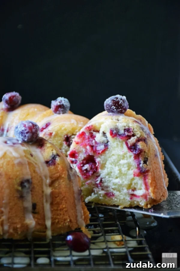 Festive Cranberry Bundt Cake with Orange Glaze A beautifully glazed Cranberry Bundt Cake, adorned with fresh cranberries, sitting on a festive table.
