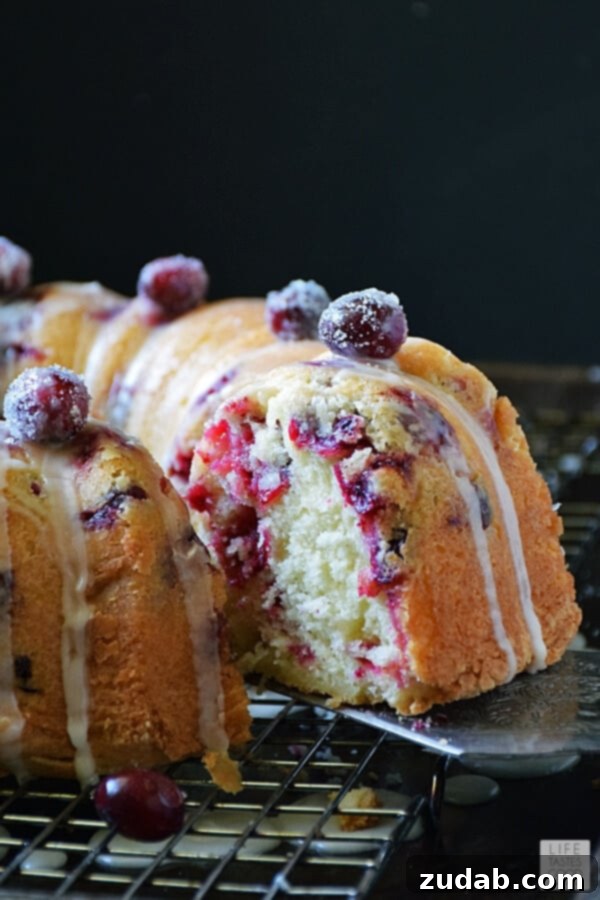 Holiday Cranberry Bundt Cake ready to serve A beautifully presented Cranberry Bundt Cake on a serving platter, ready for holiday celebrations.