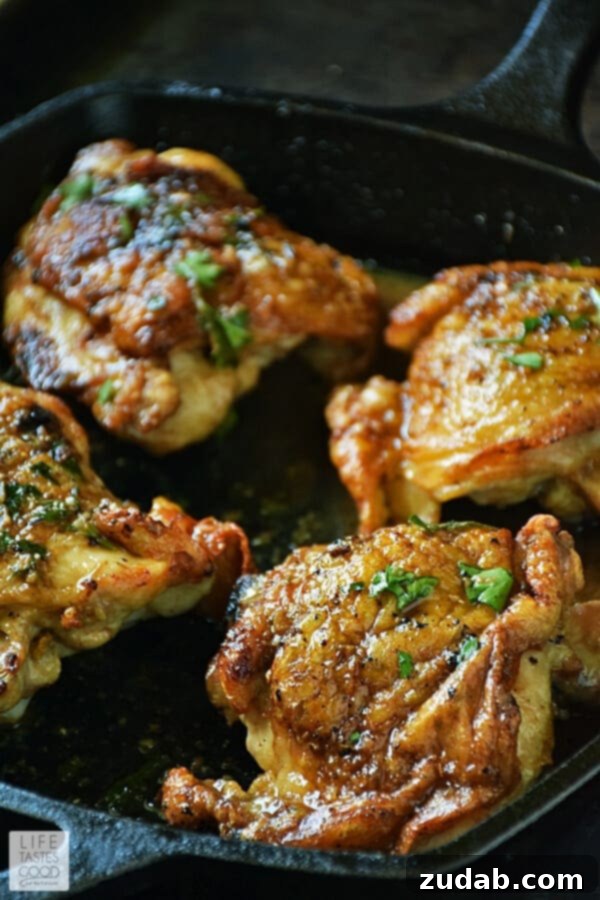Achieving Perfect Crispy Skin on Pan-Roasted Chicken Thighs Pan-Roasted Chicken in herb butter sauce is a deliciously easy recipe that brings everyone to the dinner table on time with its tempting aroma that floats throughout the house! budget friendly, low carb, new years resolutions