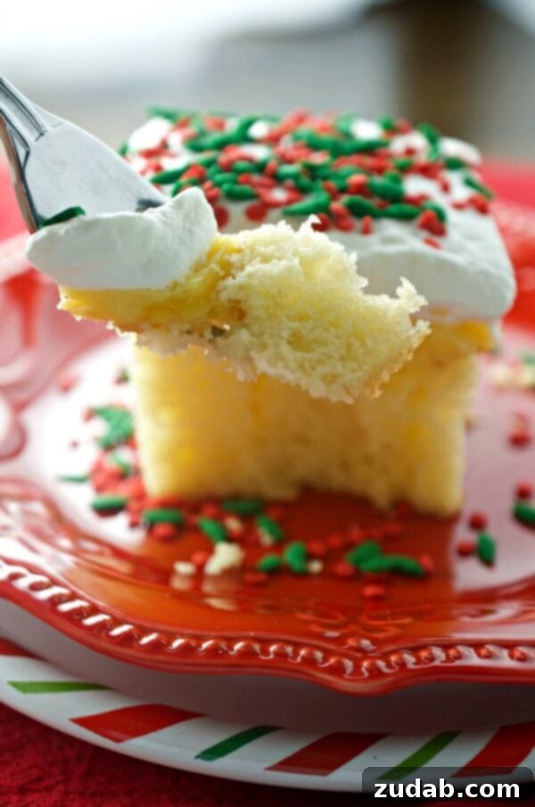 Eggnog Poke Cake with Sprinkles Close-up of Eggnog Poke Cake showing the moist texture and sprinkles