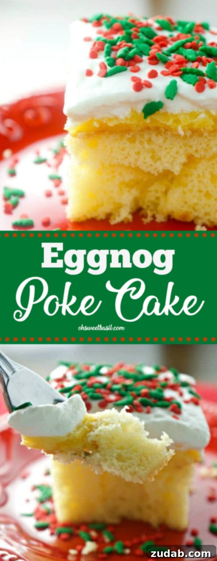 Eggnog Poke Cake 3 A slice of creamy Eggnog Poke Cake, showcasing its festive layers and smooth texture. Ideal for Christmas gatherings.