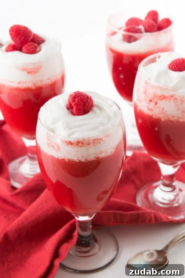 Easy Fluffy Jello Dessert Two servings of light and airy Raspberry Jello Fluff, garnished and ready to enjoy.