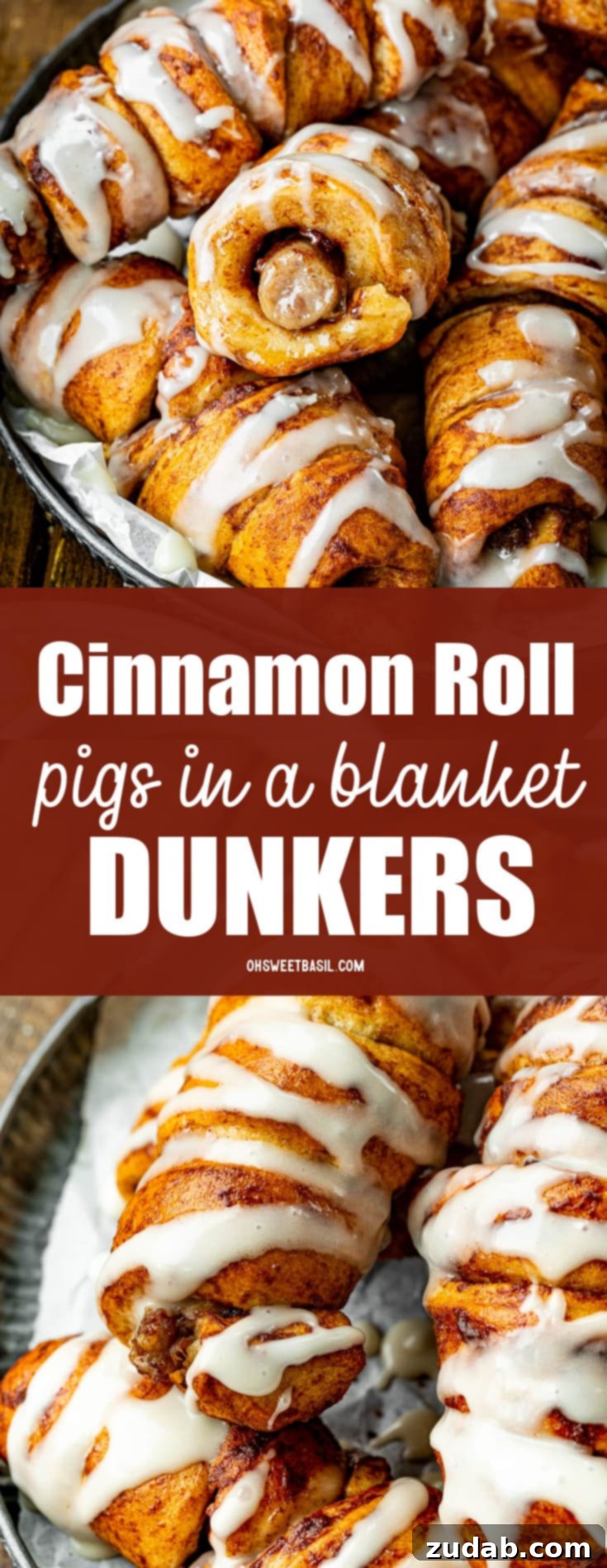 Pigs in a Sweet Blanket 11 A high-angle shot capturing an abundance of cinnamon roll pigs in a blanket, each perfectly baked and glazed, spread across the frame, showcasing the appetizing volume of this delicious breakfast.