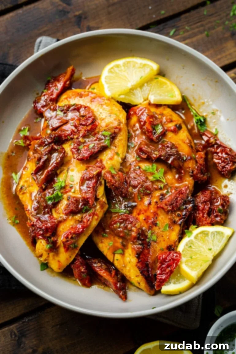 Zesty Citrus Greek Chicken 2 Perfectly golden seared Citrus Greek Chicken breasts on a serving platter, adorned with sun-dried tomatoes and fresh lemon slices.