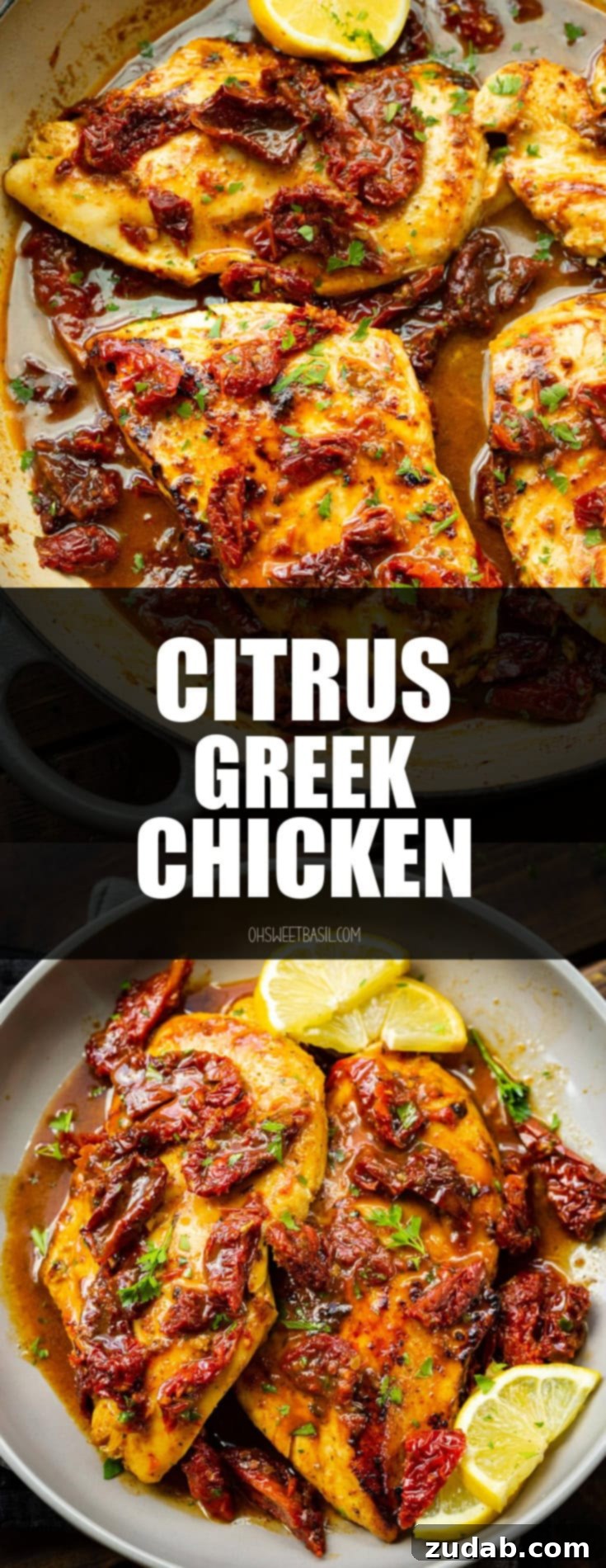 Zesty Citrus Greek Chicken 11 Marinated citrus Greek chicken cooked in a skillet, beautifully garnished with fresh lemon slices, highlighting its vibrant flavors.