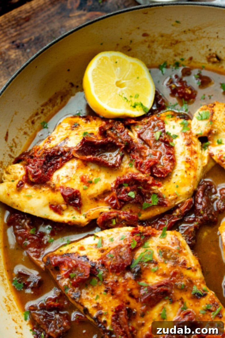 Zesty Citrus Greek Chicken 3 Two succulent golden chicken breasts, cooked to perfection in a shallow Dutch oven, generously topped with savory sun-dried tomatoes and nestled in a bright orange juice broth, with a fresh lemon half beside them.