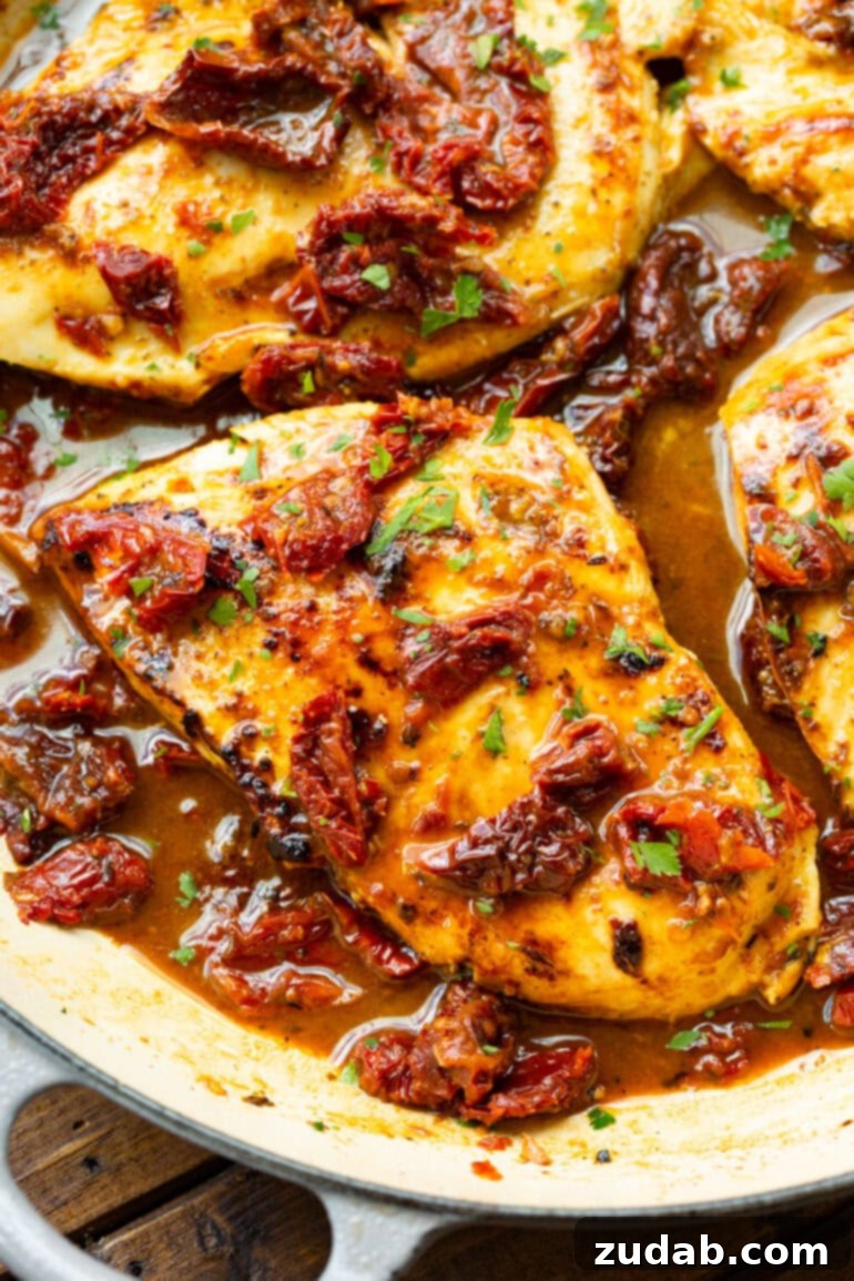 Zesty Citrus Greek Chicken 7 A perfectly cooked golden chicken breast, glistening with rich pan sauce and adorned with savory sun-dried tomatoes, ready to be enjoyed.