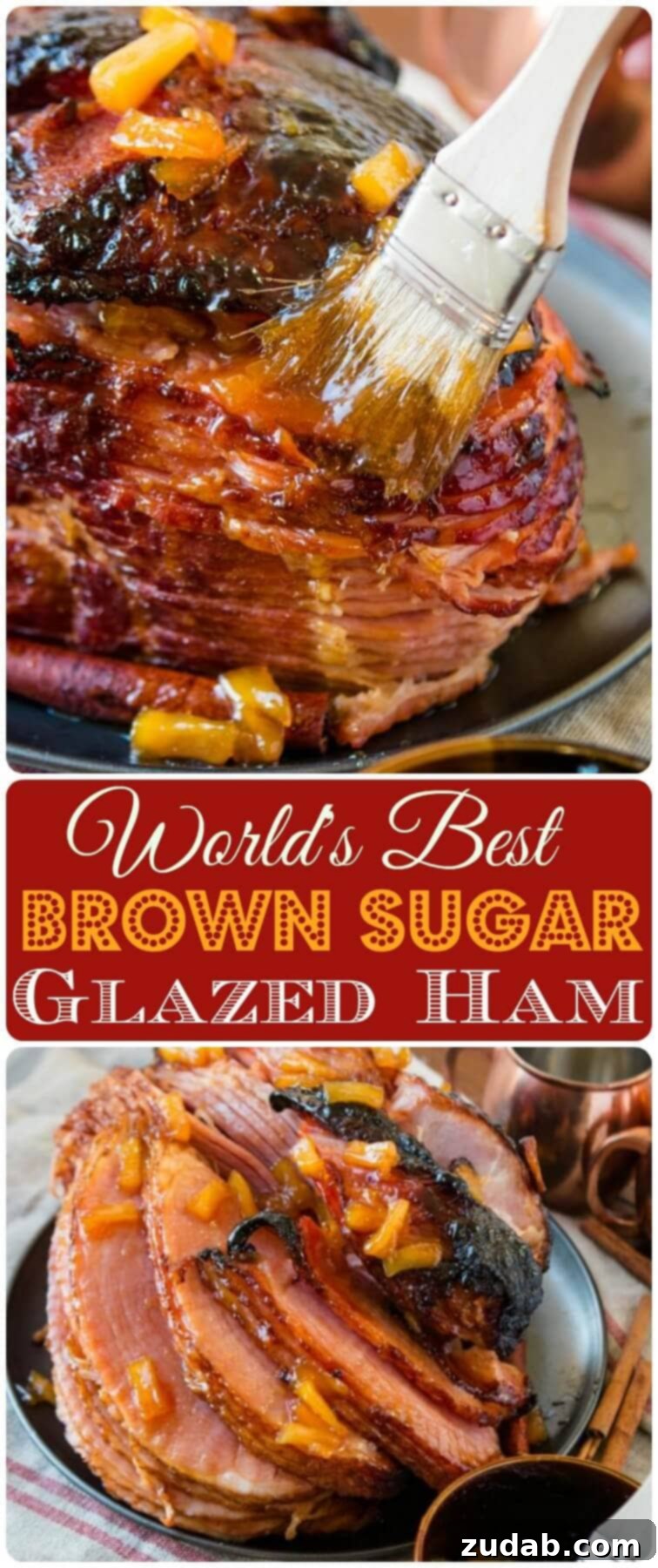 The Ultimate Brown Sugar Glazed Ham 2 A perfectly glazed brown sugar ham, ready to be served, highlighting its rich, caramelized crust.