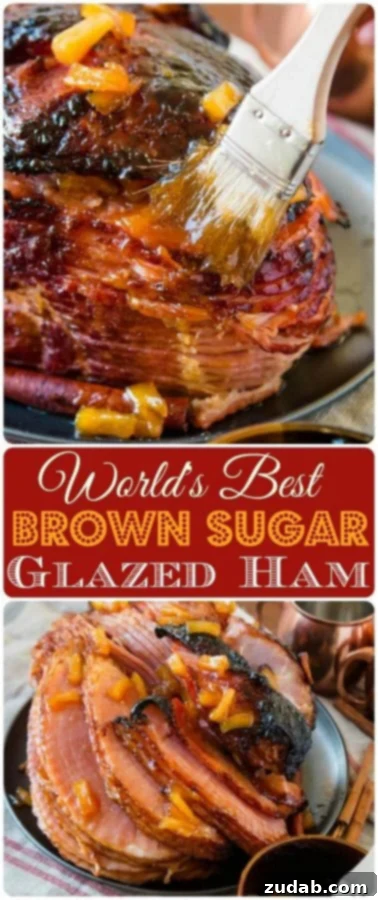 The World's Best Brown Sugar Ham, a versatile recipe for oven or slow cooker cooking. A vibrant photo collage featuring various stages of preparing and serving the World's Best Brown Sugar Ham, from glazing to presentation.